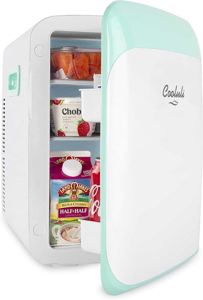 Cooluli 15L Mini Fridge for Bedroom - Car, Office Desk & College Dorm Room - 12V Portable Cooler & Warmer for Food, Drinks, Skincare, Beauty, Makeup & Cosmetics - AC/DC Small Refrigerator (Turquoise)