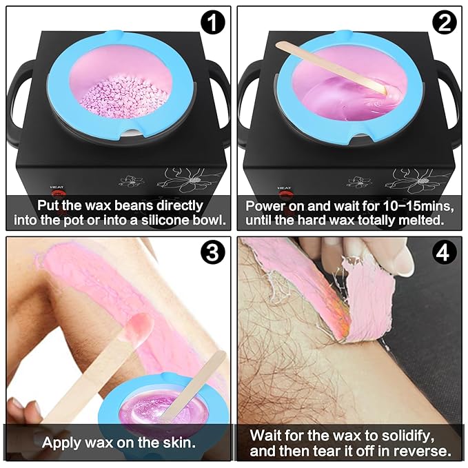 Portable Wax Warmer Machine for Painless Hair Removal, Women Men Professional Wax Heater with Adjustable Temperature Set, 40pcs Sticks, 2 Silicone Bowls (Black - Double Pots)