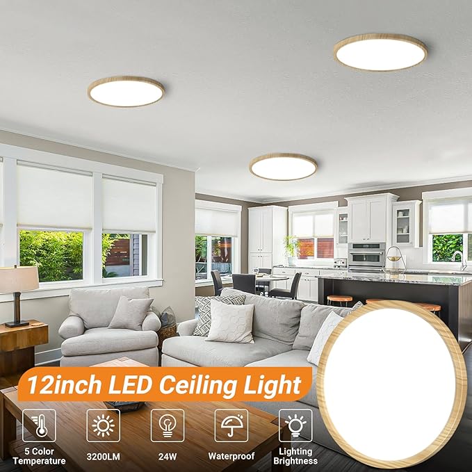 slochi 1Pack LED Flush Mount Ceiling Light Fixture, 12 Inch 24W, 3200LM, Super Slim 0.7 Inch, 3000K-6500K Adjustable Low Profile LED Ceiling Lights for Bedroom, Kitchen, Hallway(Wood)