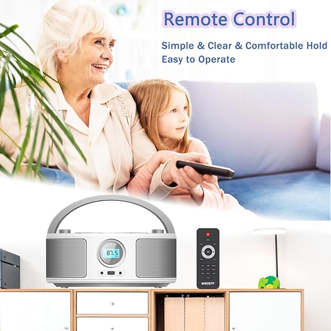 Portable CD Player Boombox with Bluetooth, FM Radio, Remote Control, USB Port and 3.5mm AUX Headphone Jack, Clear Stereo Sound, 4 Watts of Audio, AC/Battery Powered
