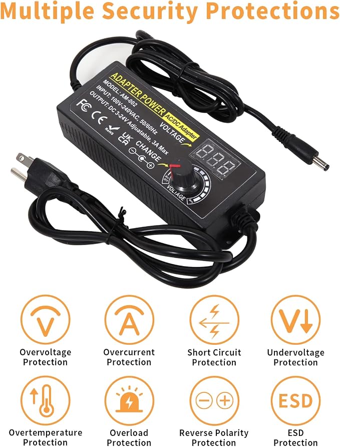 3V ~ 24V 3A 72W Power Supply Adjustable 3V 5V 6V 9V 12V 15V 16V 18V 19V 20V 24V Universal VariableAC/DC Adapter 100V-240V AC to DC Converter with 14 Tips for LED Strip Light Speaker Router