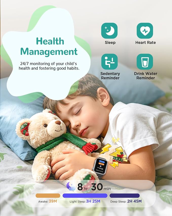 Kids Smart Watch, No App or Phone Needed, Fitness Tracker Watch, Heart Rate, Workout Tracker, IP68 Waterproof, Sleep Monitor, Puzzle Games for Boys Girls Ages 4-12, Black