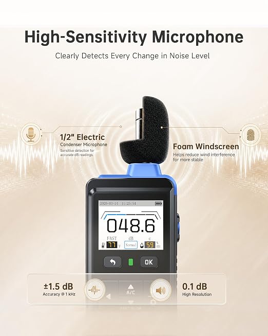 FNIRSI FDM-02 Decibel Meter, 30–130dB Sound Level Meter with 2" IPS Screen, A/C Weighting & Fast/Slow Response, Rechargeable for Home, Audio & Workplace Noise