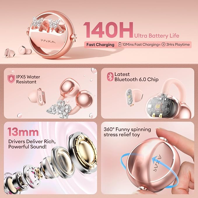 PAXA 3 in 1 Ctbuds Stylish Jewelry-Style Clip on Open Ear Headphones Wireless Earbuds, Instant Earring Mode, Ultra-Long 140H Play, Bluetooth 6.0, All-Day Wear for Work Fitness Daily Use, Rose Gold