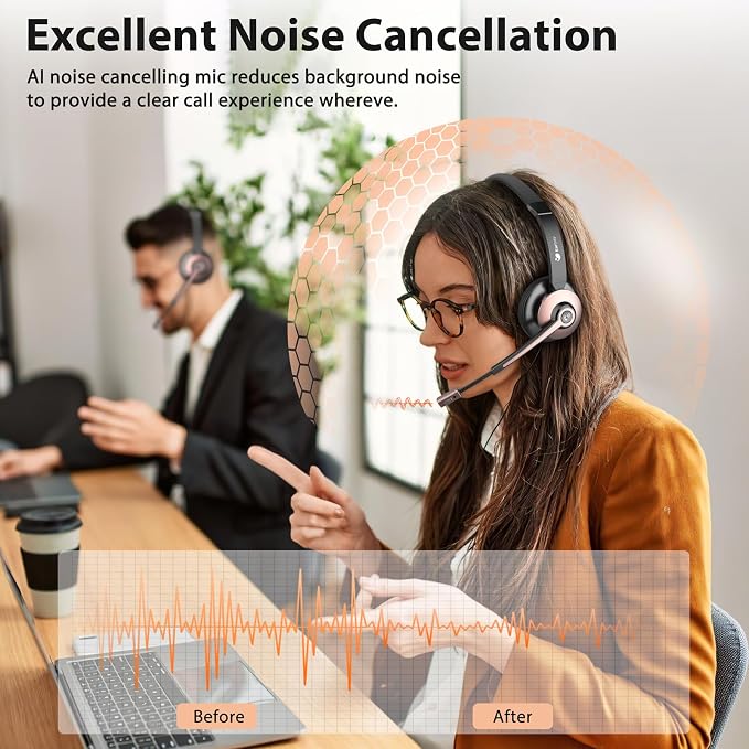 Wiressless Headset with Mic for Work, Bluetooth Headset with Noise Cancelling Microphone, On Ear Wireless Headphones with USB Dongle & Charging Base & Mute Function for Work from Home Computer Office