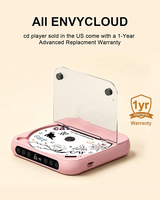 ENVYCLOUD CD Player Portable with Dual Stereo Speakers, Rechargeable Portable CD Player with Bluetooth for Home with Headphones, Support CD/AUX/USB,Pink