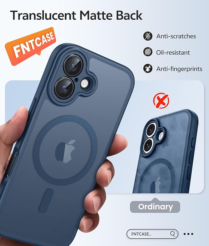 FNTCASE for iPhone 16 Plus Case [Compatible with Magsafe] Translucent Matte Cases with [Screen Protector] Military Grade Shockproof Protective Phone Cover - Blue