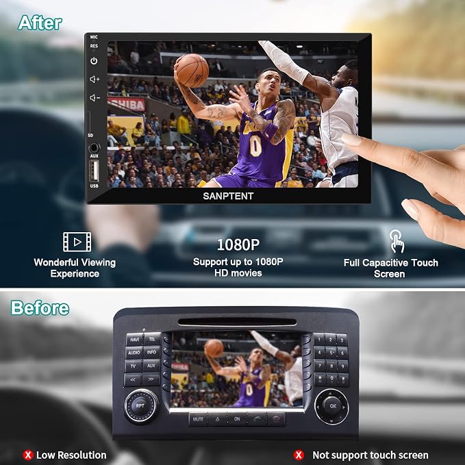 Double Din Car Stereo with 7 Inch Touchscreen, Radio Audio Receiver, Compatible with Wired Apple CarPlay & Android Auto, Mirror Link Support, Bluetooth Hands-Free, Backup Camera, FM/USB/TF/AUX, 12V