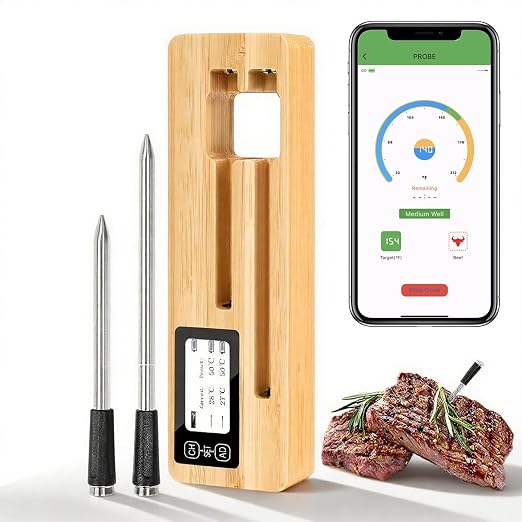 Wireless Meat Thermometer with 2 Meat Probes, Bluetooth 5.2 with App Control, Compatible with iOS & Android, IP68 Waterproof, Fast Charging & Magnetic Smart Food Thermometer for Oven Grill BBQ