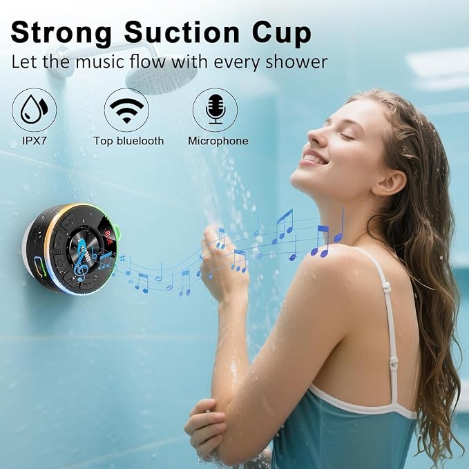 Bluetooth Shower Speaker, IPX7 Waterproof Shower Speaker with Loud Clear Sound, LED Display/RGB Lights/Suction Cup, Built-in Mic, 10H Playtime, Bathroom Speaker for Pool/Beach/Party/Gift.