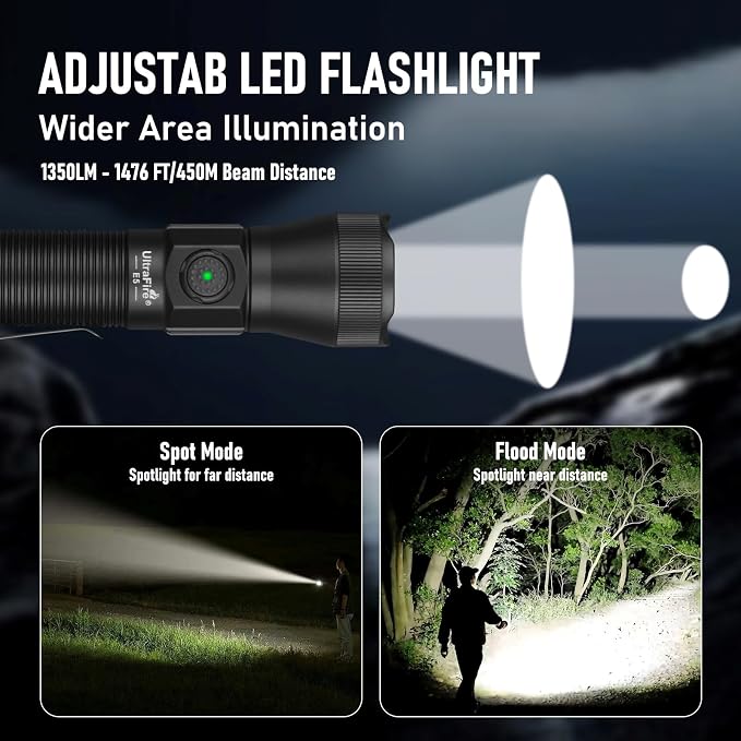 ULTRAFIRE Tactical Flashlight with Holster, 1350 High Lumens Law Enforcement & Police Flashlight, Rechargeable Bright Zoomable LED Flash Light with Duty Belt Holster E5