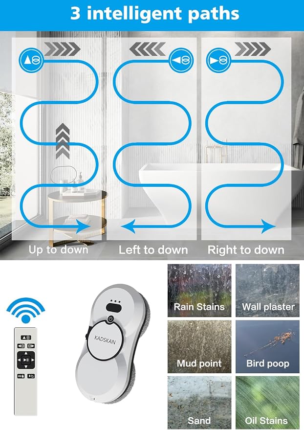 Window Cleaning Robot, Automatic Window Cleaner with Water Spray for Windows/Tiles/Class Door, Inside/Outside, 5600Pa Suction Power, 3.0 Path Planning, Remote Control