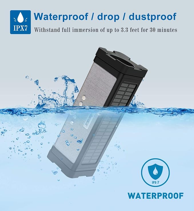 Solar Bluetooth Speaker,IPX7 Waterproof Portable 20W Rich Bass,with 27 LED Lights, 5000mAh Battery,Mic,TF Card,for Outdoor Shower Home-Black