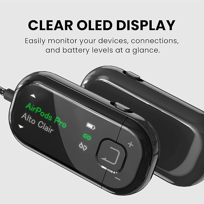 Avantree Voyager – OLED Display & Latest Auracast Bluetooth 5.4 Adapter for Airplane, Qualcomm Chip & aptX Adaptive, Wireless Audio Transmitter for Headphones, AirPods, Travel & Flight