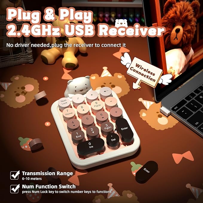 FELICON Cute Wireless Numeric Keypad with Silicon Bear,18-Key Colorful Round Keycaps,Ergonomic,2.4GHz Wireless Connection,Portable Financial Accounting Numpad Membrane Keyboard for PC,Laptop(Milk Tea)