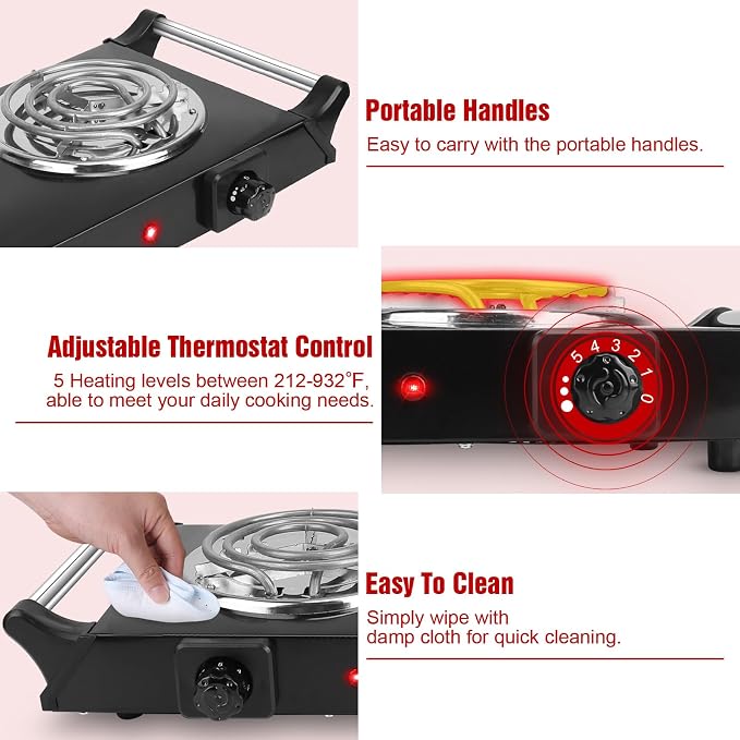 2000W Hot Plate Electric Stove, Portable Cooking Stove w/Cooling Handle, 5 Levels of Adjustable Temperature, Countertop Burners Dual Coil Burner for Home RV Camping, Fits All Cookware
