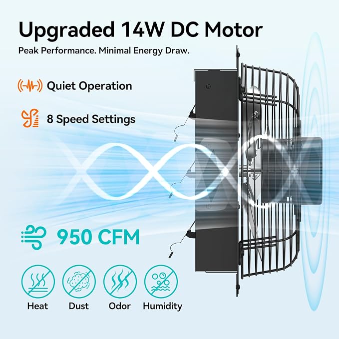 addlon 10 Inch Shutter Exhaust Fan Wall Mounted with EC Motors and Remote Control, Timer, 8 Speeds, 850CFM, Low Noise, Easy to Install, Plug in Ventilation Fan for Garages, Shops, Greenhouse, Attic