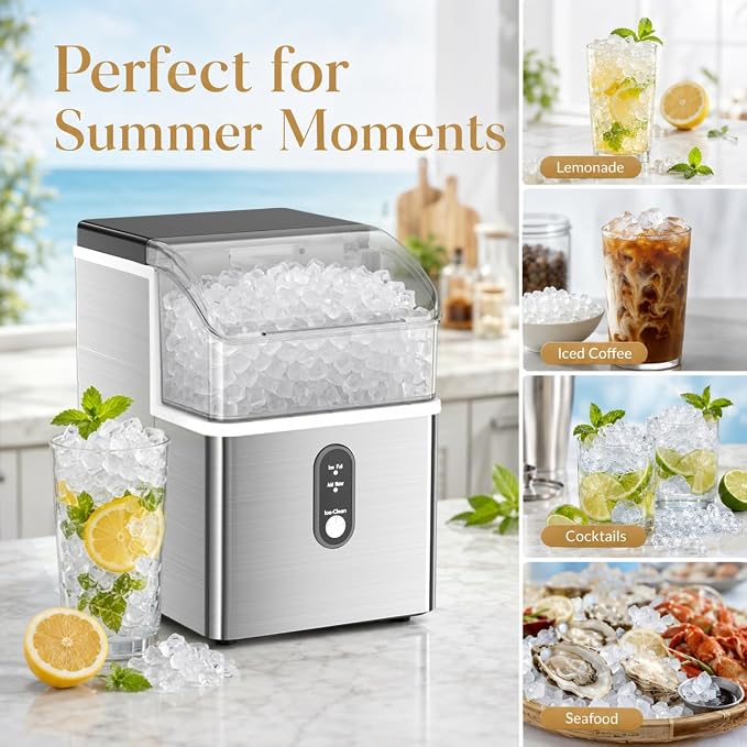 Kismile Nugget Ice Makers Countertop,35Lbs/24H,Portable Sonic Ice Machine with Self-Cleaning,One-Click Operation for Home/Office(Stainless Steels Silver)