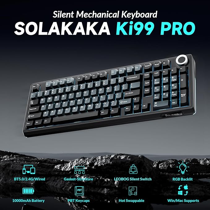 SOLAKAKA KI99 Pro Wireless Mechanical Keyboard with Quiet Switch, Hot Swappable Pre-Lubed Switches with RGB Backlit, Gasket Structure Computer Gaming Keyboard (BlackBlue, Silent Switch)