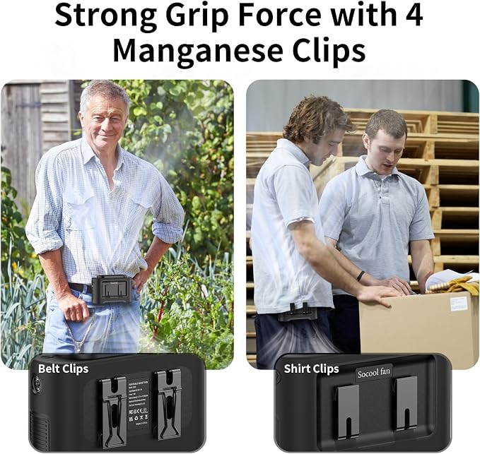 Socool 14500mAh Portable Waist Fan Clip On Wearable Belt Shirt Fan 5 Speeds with Dual Air Outlet & Flashlight Personal Hanging Neck Fans Battery Operated Rechargeable 40H Cooling For Camping Jobsite