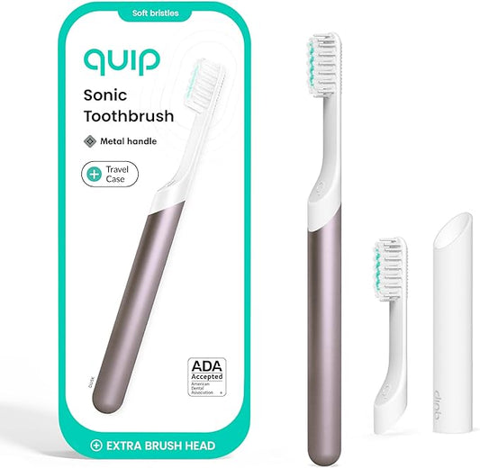 Quip Metal Sonic Electric Toothbrush for Adults - Time Travel & Soft Bristles with Travel Case & Replacement Brush Head - 3 Month Battery Life, Dusk Plum