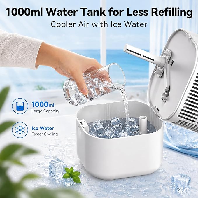 Portable Air Conditioners 4-in-1 Mini Small Air Conditioner Evaporative Air Cooler Fan with 1000ml Water Tank 3 Speeds 7 LED Lights Personal Mini AC with Timer for Bedroom Desktop Home Office (White)