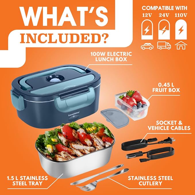 TRAVELISIMO Electric Lunch Box for Adults 100W Heated Lunch Box For Men 1.5L Stainless Steel Portable Food Warmer, 12/24/110V for Travel & Work, Loncheras Electricas Para Calentar Almuerzo