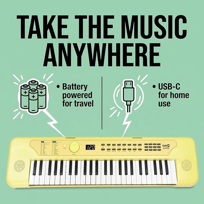 RockJam 49 Key Keyboard Piano, Portable Electronic Music Keyboard with Speakers, USB-C Power or Battery Operation, Headphone Input, 200 Tones, 200 Rhythms, Note Stickers & Lessons