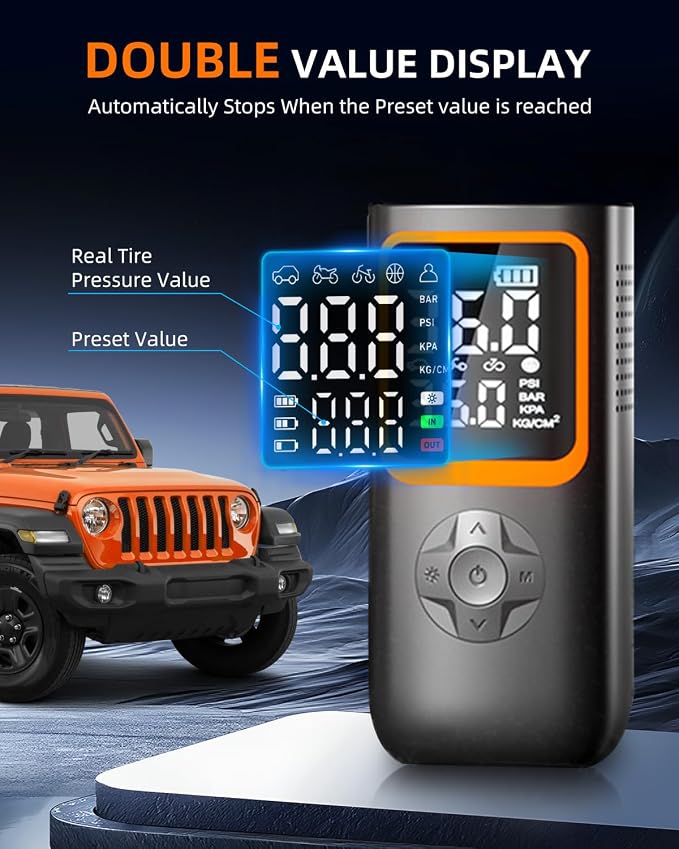 Tire Inflator Portable Air Compressor - 6000 mah & 150 Psi Air Pump for Car Tires with Pressure Gauge & Led Light, Faster Inflation Mini Compressor for Car, Bicycles, Motorcycle