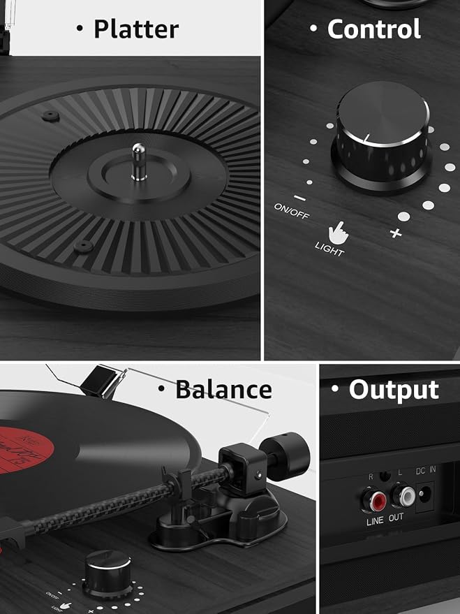 Record Player with Built in Speakers Bluetooth 5.3 Turntable Belt Drive 2-Speed Turntables for Vinyl Records High Fidelity Records Player with Magnetic Cartridge AT-3600L, Cool Light Strip, Black