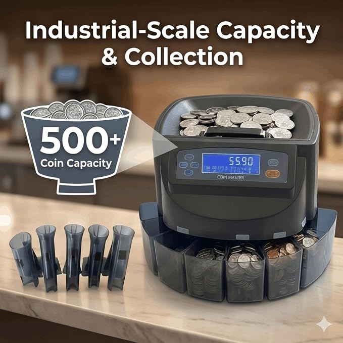 Coin Counter, 300 Coins/Minute, 500 Coins Large Capacity, Electric Coin Sorter with Digital Counting Display for Office Store Restaurant Retail Superstore Pharmacy