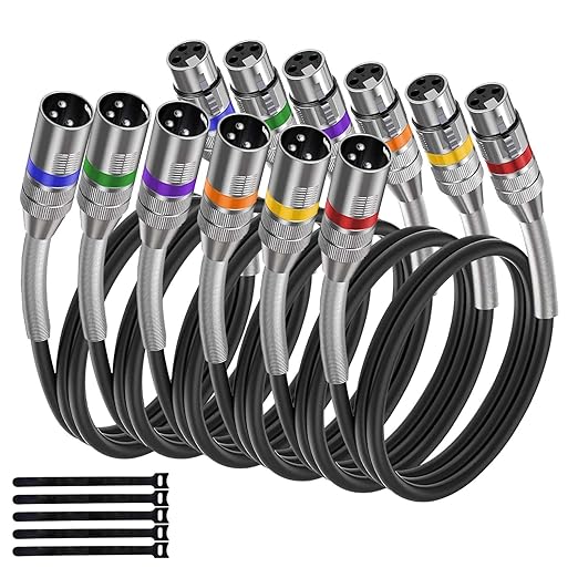 XLR to XLR Cables, 3 Pin Balanced Shielded Male to Female Microphone Cables for Studio Recording, Audio Mixer, Podcast or PA System, Copper Conductors, PVC Jacket, 1 Ft/ 6 Pack