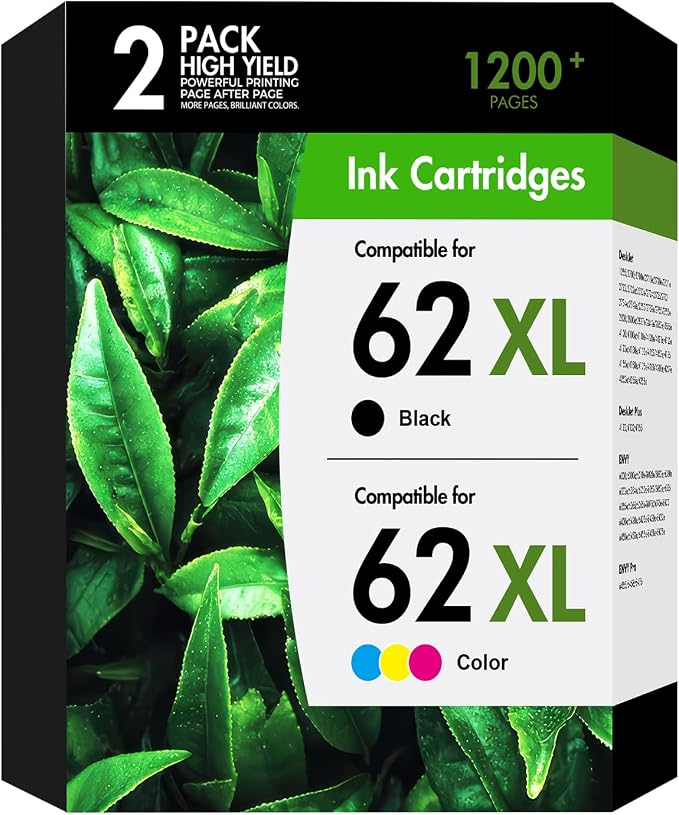 62 62XL Ink Cartridges Black and Color Combo Pack Envy 7640 5660 Replacement for HP 62 62XL Ink Envy 7645 5540 5740 5660 5740 OfficeJet 200 250 Printer High Yield Black Tri-Color 2-Pack