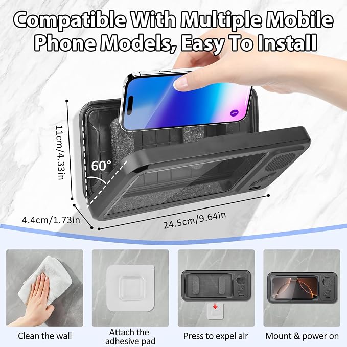 Shower Phone Holder with Wireless Bluetooth Speaker,2026 New Waterproof 480 Rotation Viewable Shower Phone Case Speaker for Any Phone, Wall Mounted Phoneholder for Bathroom Mirror,Gifts for Mom Dad