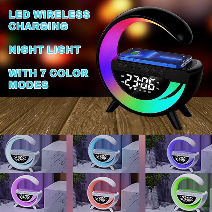 Smart Wireless Charging Table Lamp, Multifunctional Bluetooth Speaker & Alarm Clock - LED Bedside Desk Lamp Night Light for Heavy Sleepers, Superfine Bedroom Home Decoration (Black)