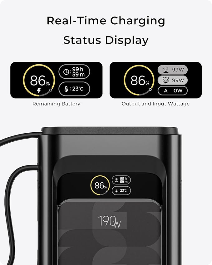 2026 FIFA Licensed 190W 20000mAh Power Bank for Laptop Portable Charger,3-Port USB-C Fast Charging Battery Pack with Built-in USB-C Cables for MacBook,Cell Phones,iPhone,Android,Samsung,Black