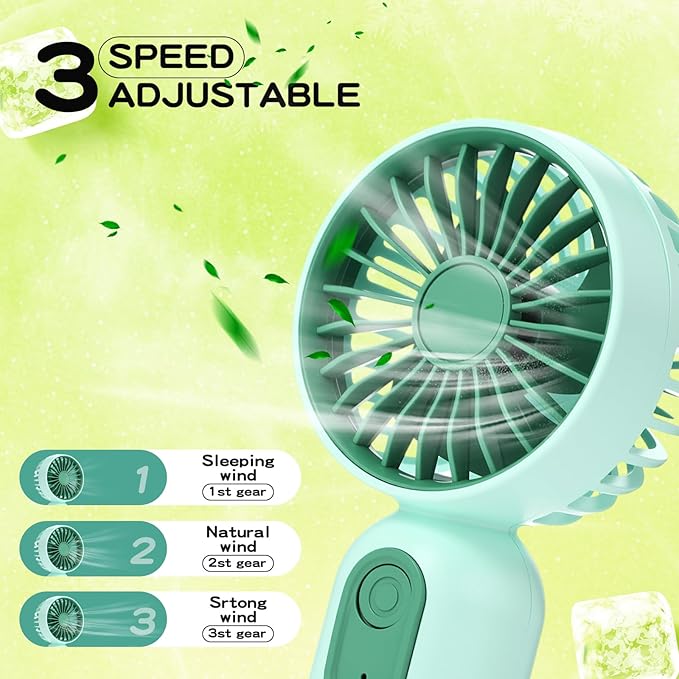 Rossesay 1 Pcs Mini Portable Fan Bulk Cute Handheld Lightweight Small Little Personal Hand Eyelash Fan 3 Speeds USB Rechargeable for Women Men Indoor Outdoor Makeup Travel (Green)