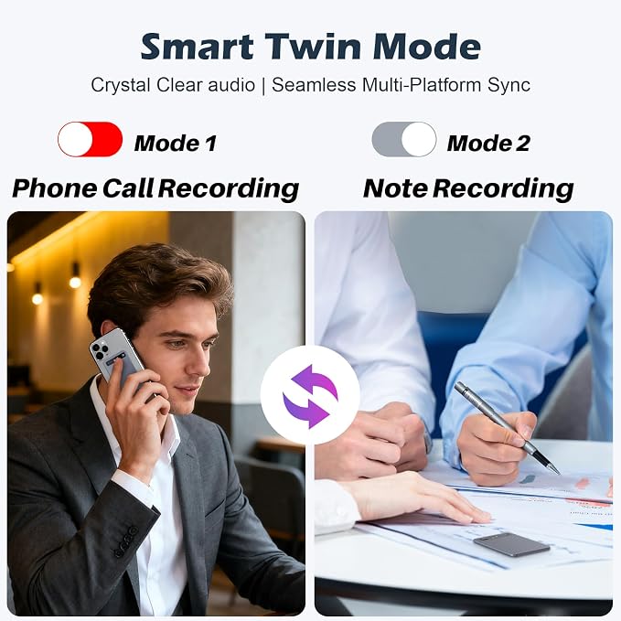 AI Voice Recorder with Transcribe Summarize: AI Noise Reduction Speaker Separation App Control 118 Languages 64GB Storage - AI Notetaker for Students Managers - Meetings Lectures Interviews
