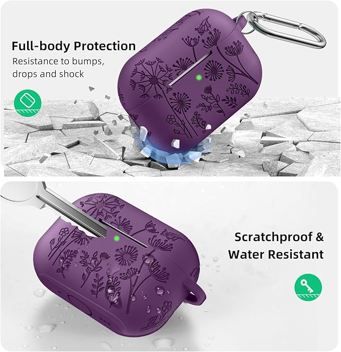Lerobo Flower Engraved Case for AirPods Pro 3 with Cleaner Kit,Soft Silicone Cover with Keychain Compatible with Apple AirPods Pro 3rd Generation Case for Women & Men,360°Protection,Led Visible,Purple