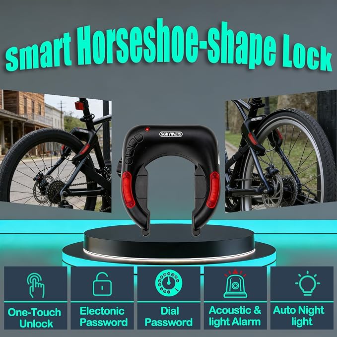 U-Shaped Smart Bike Lock, Electronic Keyless Lock with Solar & Type-C Charging, IP65 Waterproof, 2000mAh Long Battery Life for Bicycles, E-Bikes