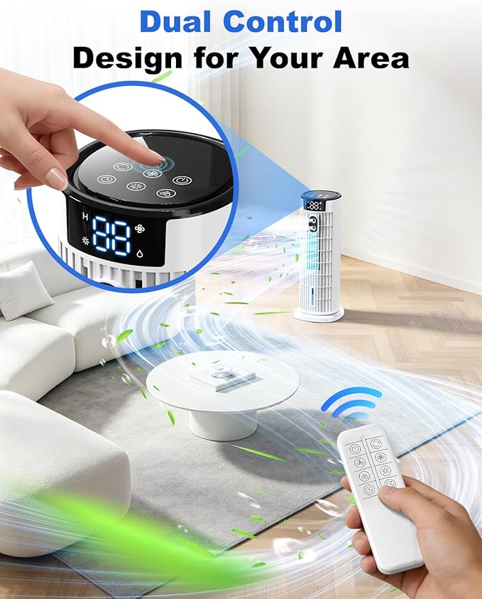 Portable Air Conditioners, 4 in 1 Evaporative Air Cooler, 1000ML Tower Fan with Remote, 3 Wind Speeds&Turbo Mode, 2 Mist,10H Timer, 90° Oscillation Portable AC for Home, Office CoamoTrail(Off White)