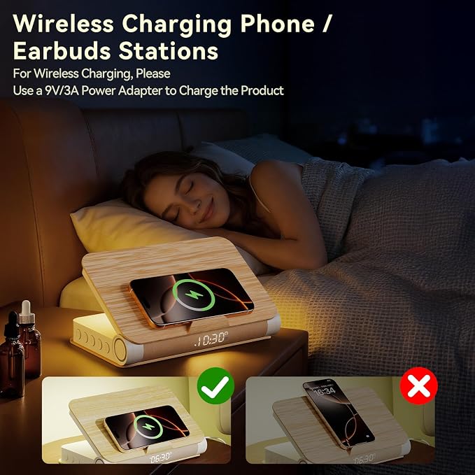 Vivilumens Alarm Clocks Bluetooth Speaker Dual Charging Wireless Bedside Lamp Night Light for Adults Teens with Book Shape Sunrise Wake Up Light for Bedroom Home Decor Gifts for Father（Wooden Grain）