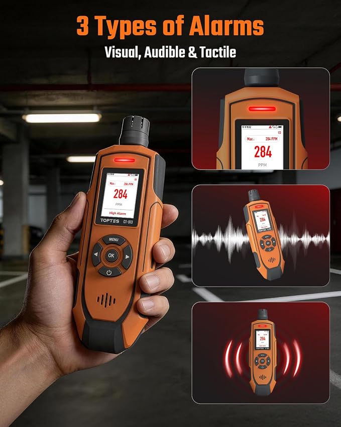 TOPTES CT-913 Portable Carbon Monoxide Detector, Rechargeable CO Detector with Upgraded Sensor, TFT Color Display with Triple Alarms, 0-1000PPM for Camping, Travel, Industrial & Professional Use