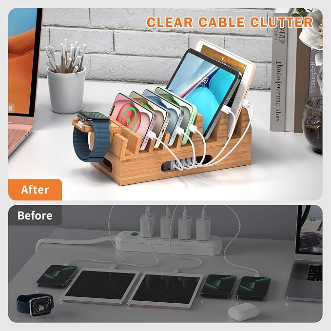 Pezin & Hulin Bamboo Charging Station Holder with 5 Port USB Charger, 5 x Charge Cables, Watch Stand, Wood Docking Stand Electronic Organizer for Multiple Devices, Phones, Tablets and More