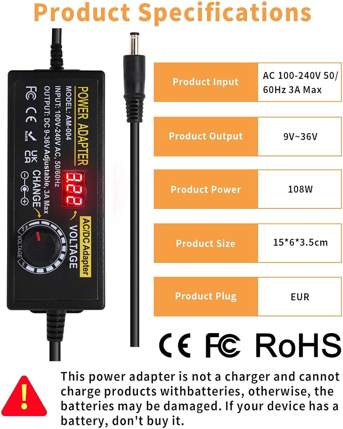 108W Universal Power Supply 9V 12V 14V 15V 16V 18V 19V 20V 24V 30V 36V Adjustable Variable AC/DC Adapter with Voltage Displays, 100V-240V AC to DC 9V~36V Converter 0.5A 1A 1.2A 1.5A 2A 2.5A 3A Max