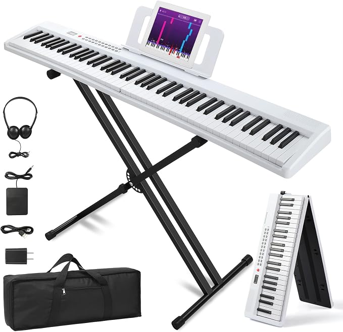 Ktaxon 88 Key Foldable Electronic Keyboard Piano Set, Semi-Weighted Electric Piano Digital Piano with Dual X Stand, 2 Bluetooth Mode, 1000 Rhythms, 1000 Tones and 50 Demos for Beginners Adults(White)