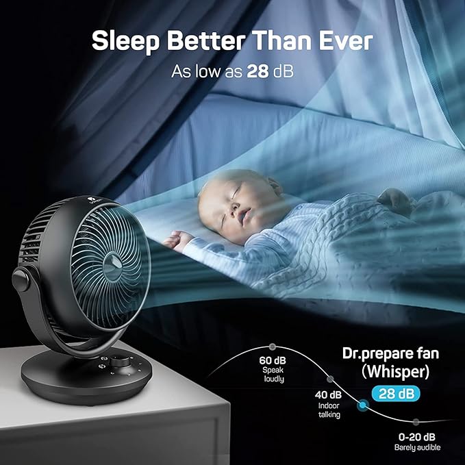 DR.PREPARE Fan for Bedroom, Small Desk Air Circulator Fan, 70° Auto-Oscillating Vortex Fans, Quiet Cooling, 3 Speeds, 100° Adjustable Tilt, Portable for Rooms, Office