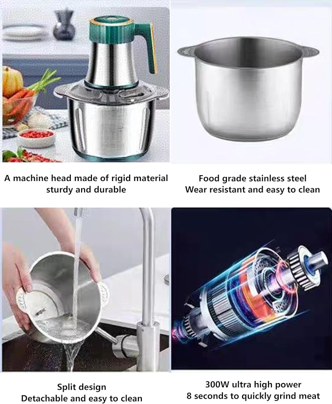 3L Electric Meat Grinder, 300W Food Processor with 5 Speed & 6 Blades, Stainless Steel Food Chopper for Meat Vegetable Garlic Nuts Dough Baby Food, Safety Lock & Overheat Protection
