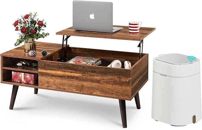 WLIVE Lift Top Coffee Table +Automatic Trash Can for Living Room, Small Coffee Table with Storage, Adjustable Shelf and Storage Compartment, Motion Sensor Trash Can for Living Room