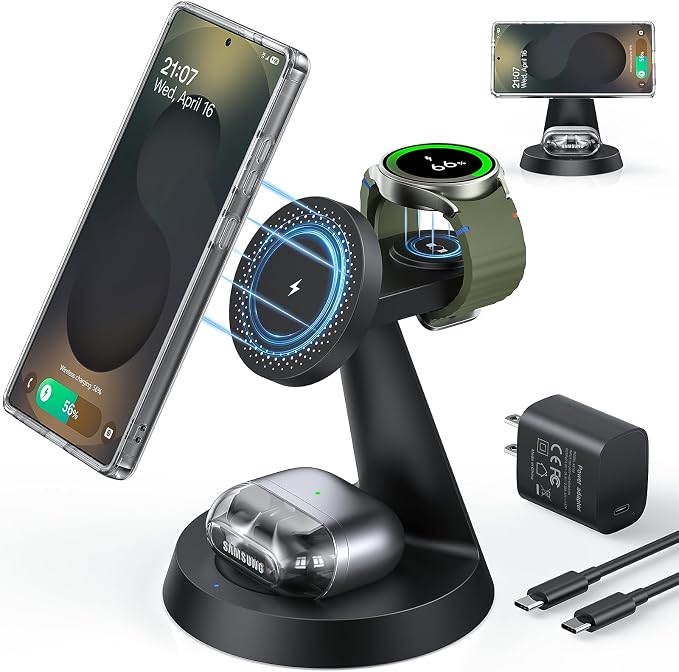 Meifigno Magnetic Wireless Charger for Samsung, 3 in 1 Charging Station Compatible with MagSafe Samsung Charger for Galaxy S26 Ultra S25 Z Fold7/Flip7, Charger Stand for Galaxy Watch Ultra 8, for Buds